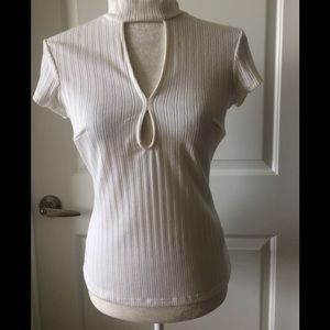 BEBE mock neck double keyhole rib top